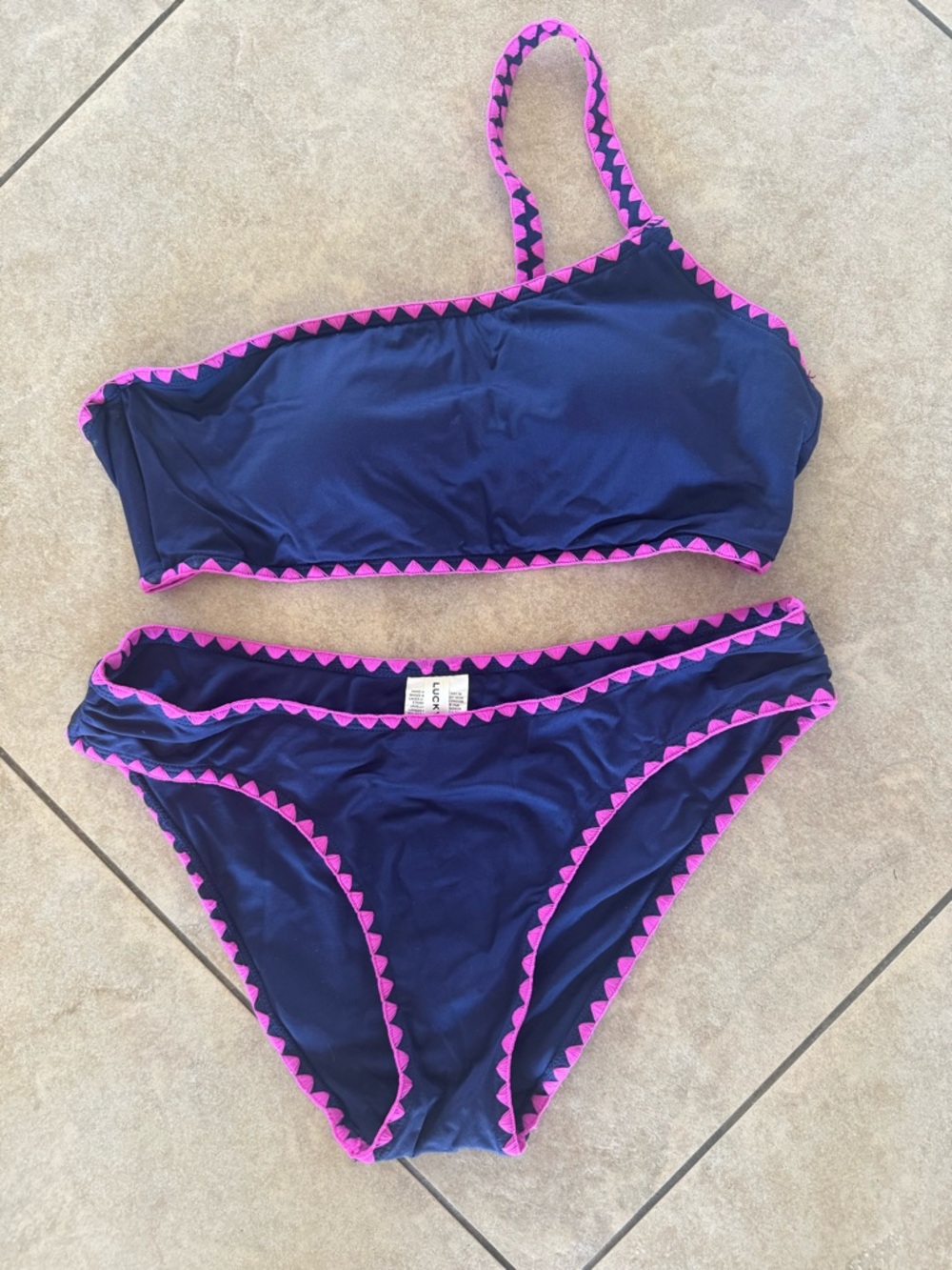 Lucky Brand Navy & Pink One-Shoulder Bikini Top and Bottom Size M EUC